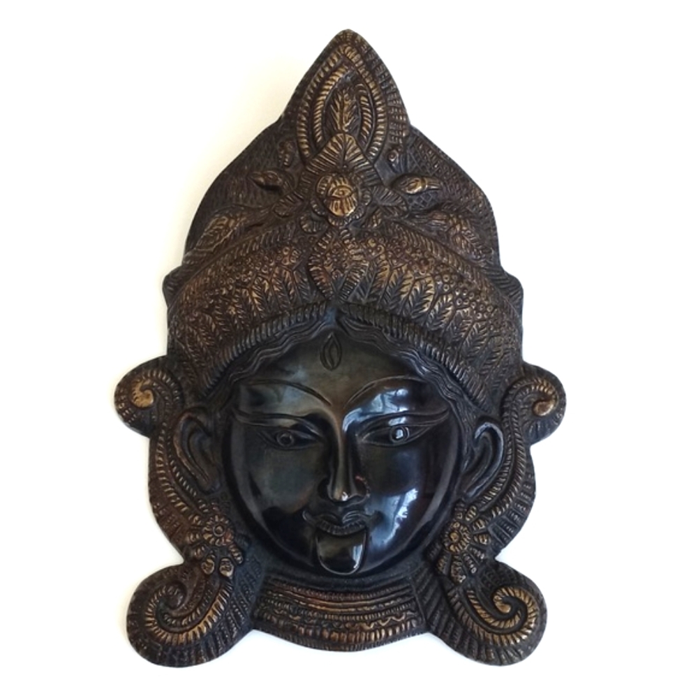 Solid Brass With Gold Affect Antique Kali Wall Hanging Decor Tribal Mask 9”